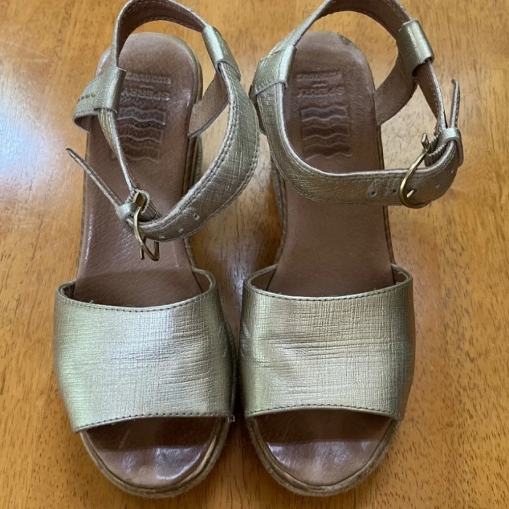 Sperry Sz 7 Gold Leather Espadrille Ankle Strap Open Toe Ankle Strap Shoes